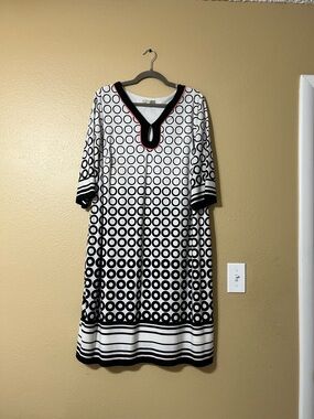 Dress Barn Black and White Circle-Print Midi Dress with Red Trim